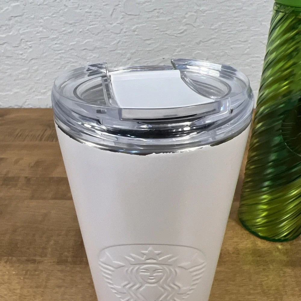 Starbucks White Pearl Stainless Steel Vacuum & Holiday Green Swirl Tumbler 16oz‎